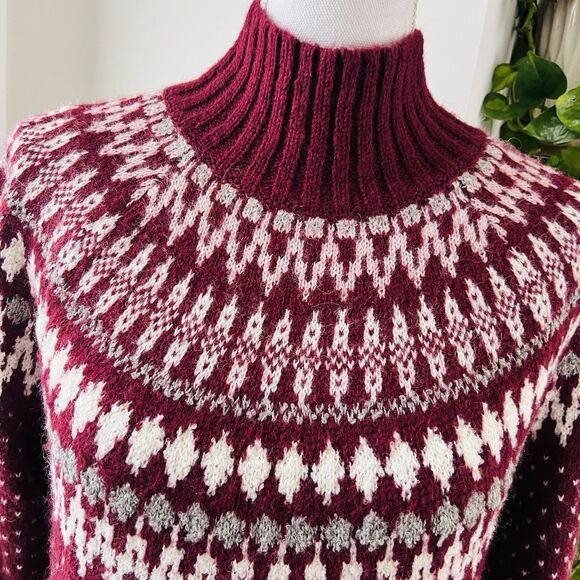 Eddie Bauer Burgundy Red & White Fair Isle Wool Blend Cozy Soft Sweater - Medium - Picture 2 of 9